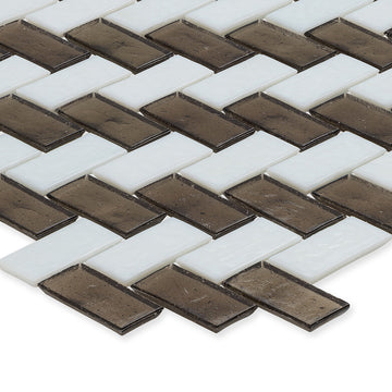 Ironstone and White, 1" x 2" Herringbone Double Stripe Pattern Glass Tile