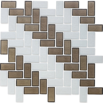 Ironstone and White, 1" x 2" Herringbone Stripe Pattern Glass Tile