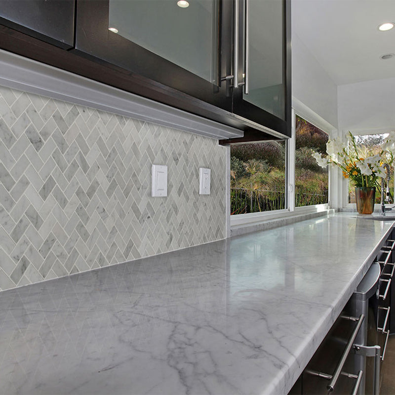 Carrara White 1" x 2" Herringbone | Stone Tile for Kitchen and Bath