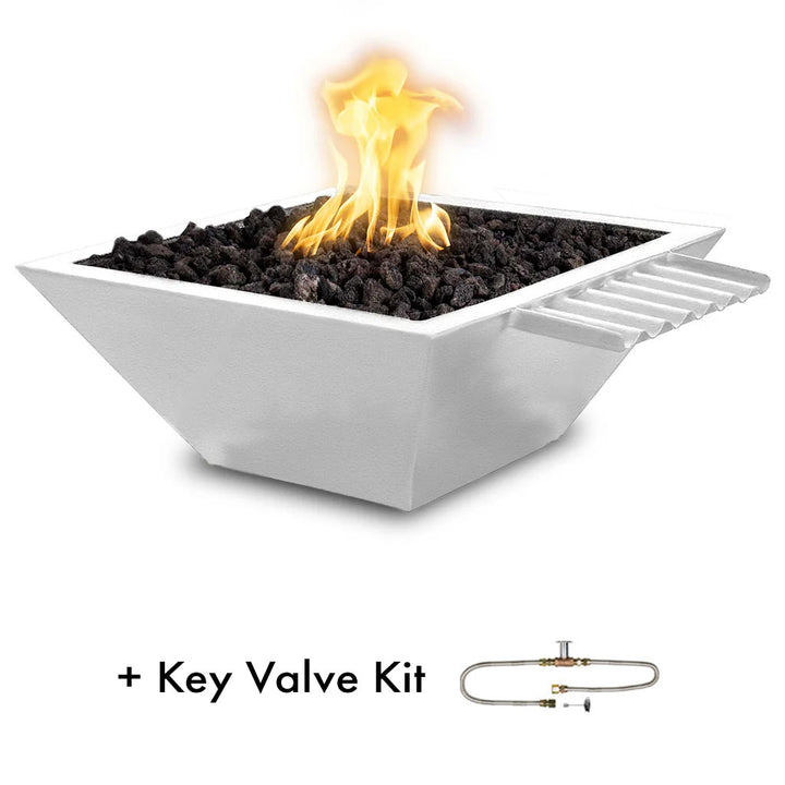 Maya 24" Fire and Water Bowl, Powder Coated Metal with Wave Scupper and Key Valve Kit - White