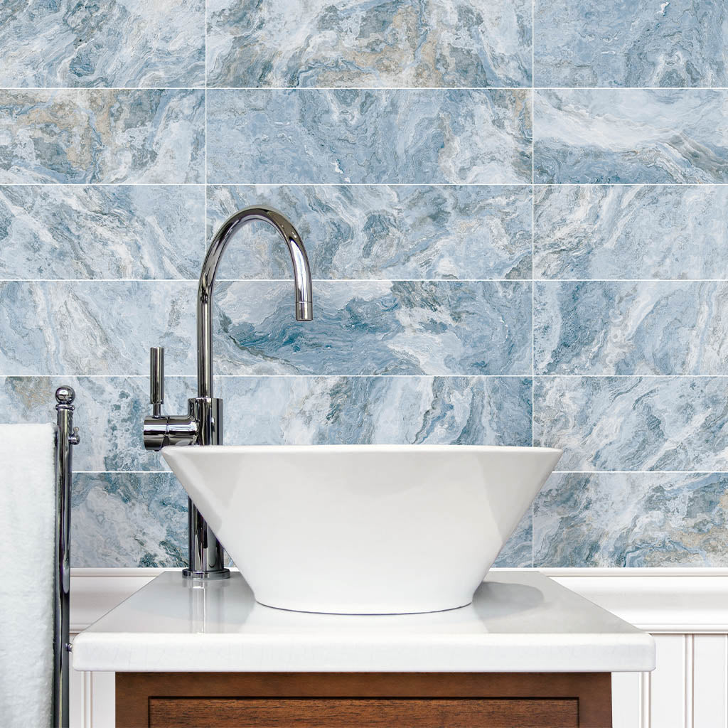 Large format porcelain tile on bathroom backsplash