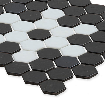 Onyx with White Snowflake, Hex Snowflake Pattern Glass Tile