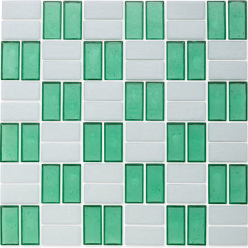 Malachite and White, 1" x 2" Basket Weave Alternating Pattern Glass Ti…