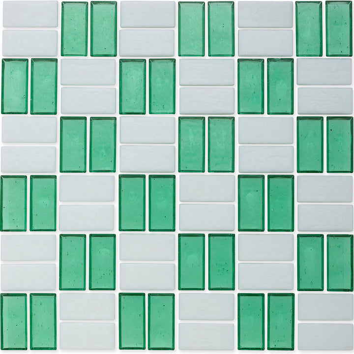 Malachite and White, 1" x 2" Basket Weave Alternating Pattern Glass Ti…