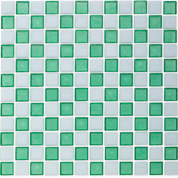 Malachite and White, 1" x 1" Checkerboard Pattern Glass Tile