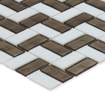 Ironstone and White, 1" x 2" Basket Weave Zig-Zag Pattern Glass Tile