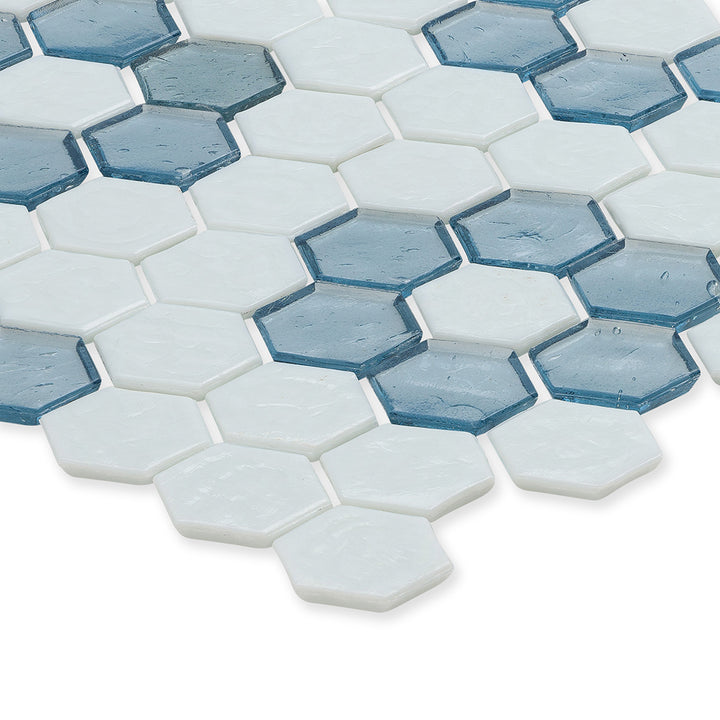 White with Aquamarine Flower, Hex Flower Pattern Glass Tile