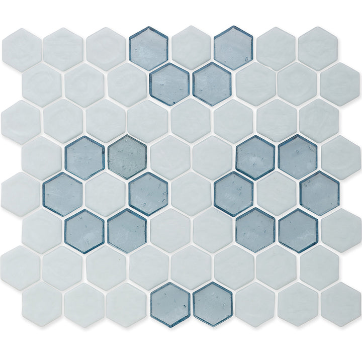 White with Aquamarine Flower, Hex Flower Pattern Glass Tile