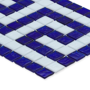 Sapphire and White, 1" x 1" Greek Key Pattern Glass Tile