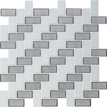 Moonstone and White, 1" x 2" Herringbone Double Stripe Pattern Glass Tile